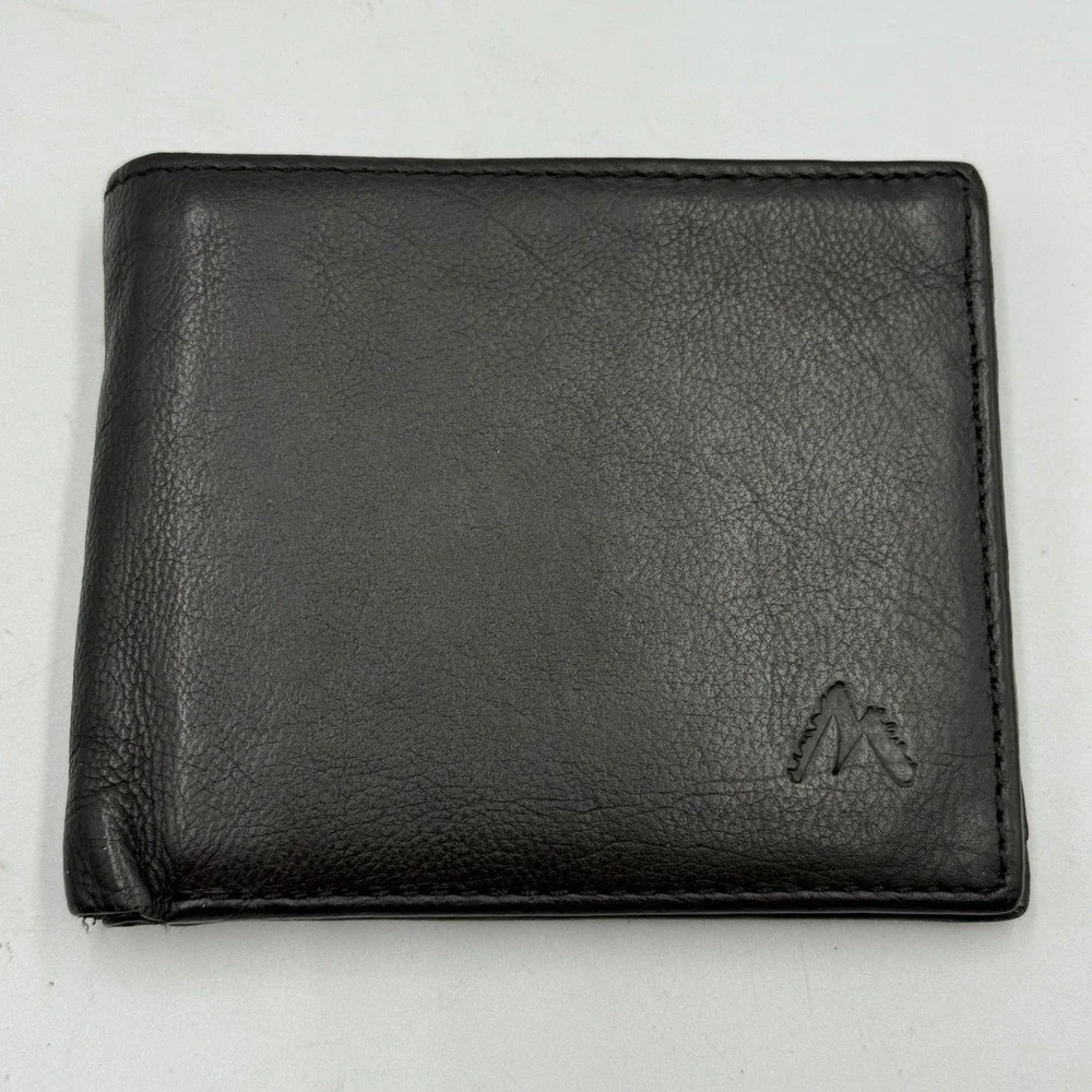 Mountain‎ Logo Mens Black Genuine Leather Bifold Wallet with ID Window